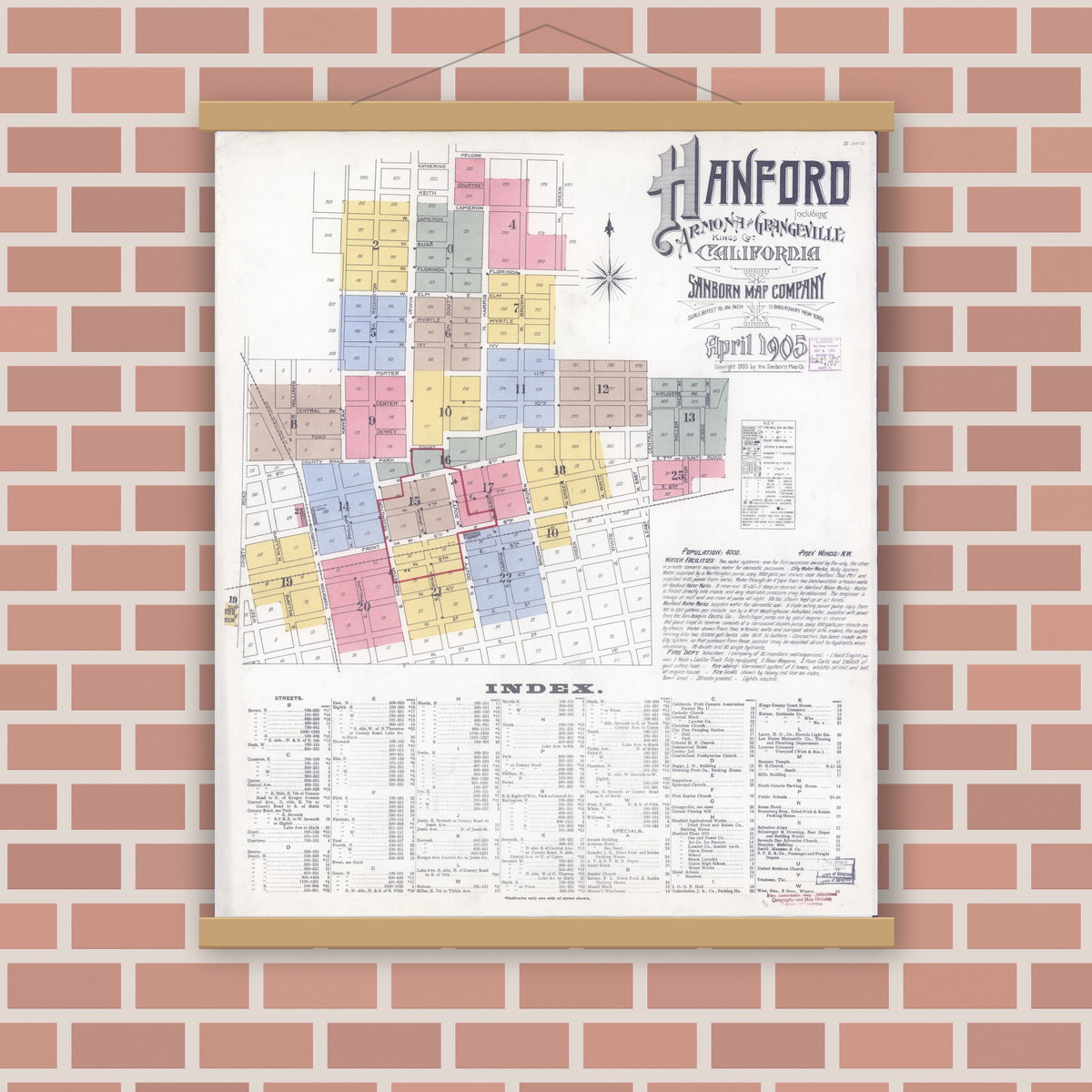 Old map wall art mockup — magnetic wood frame on brick wall — Sanborn Fire Insurance Map from Hanford, Kings County, California (1905) - Complete Map Set
