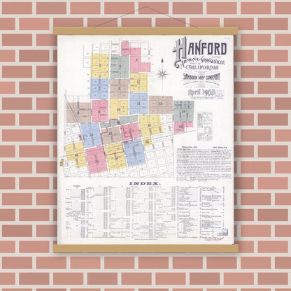 Old map wall art mockup — magnetic wood frame on brick wall — Sanborn Fire Insurance Map from Hanford, Kings County, California (1905) - Complete Map Set