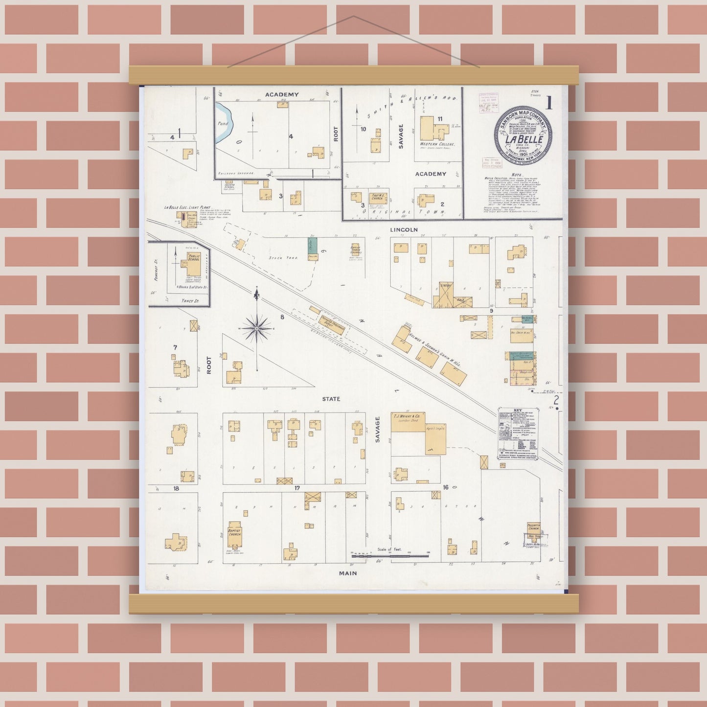 Old map wall art mockup — magnetic wood frame on brick wall — Sanborn Fire Insurance Map from La Belle, Lewis County, Missouri (1906), Sheet #0001