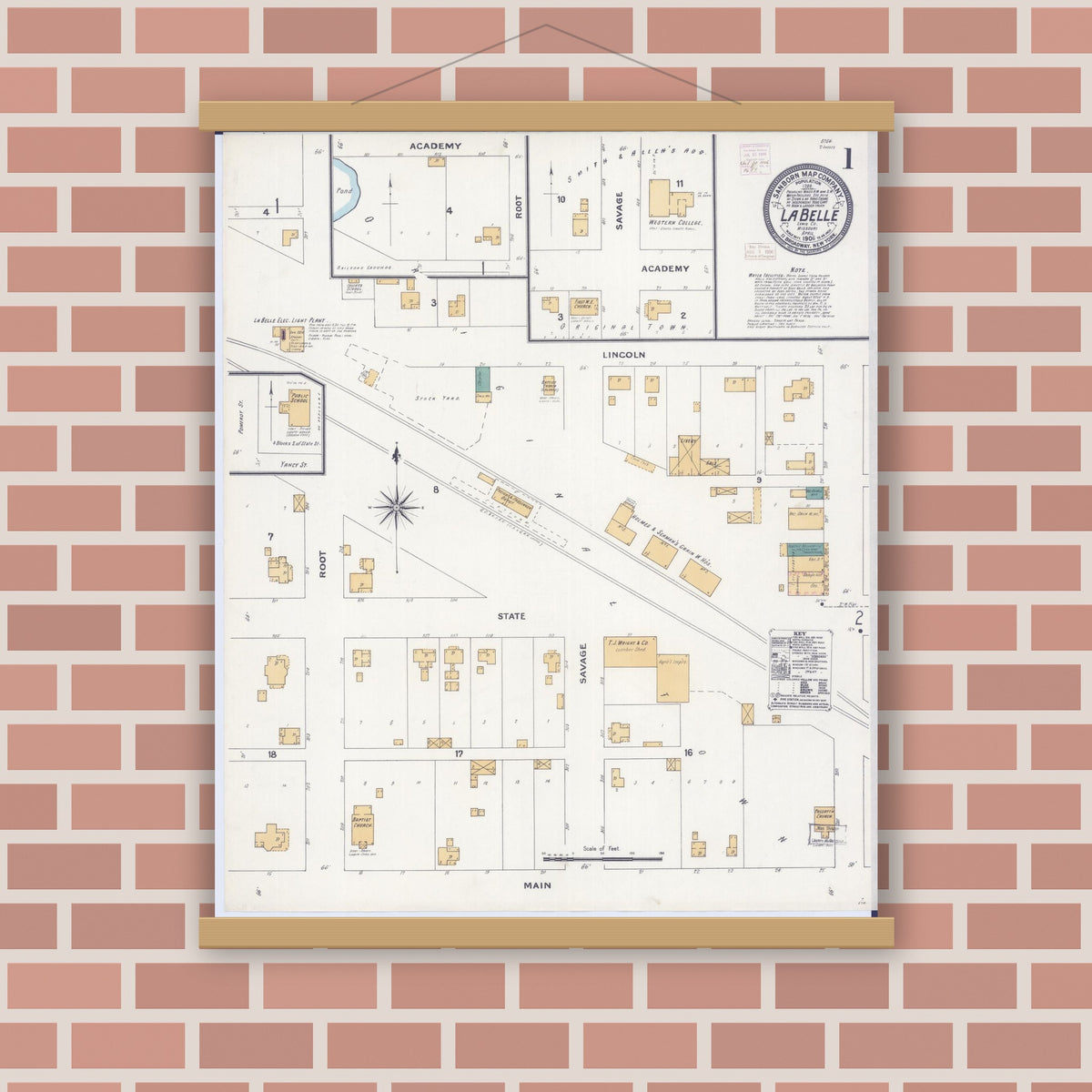 Old map wall art mockup — magnetic wood frame on brick wall — Sanborn Fire Insurance Map from La Belle, Lewis County, Missouri (1906), Sheet #0001