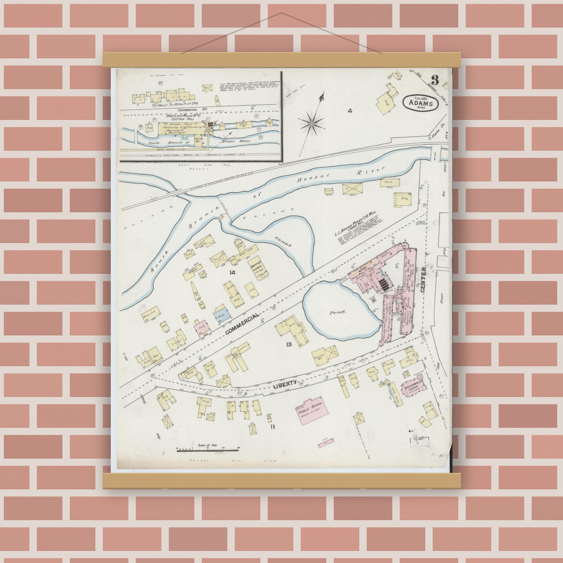 Old map wall art mockup — magnetic wood frame on brick wall — Sanborn Fire Insurance Map from Adams, Berkshire County, Massachusetts (1889), Sheet #0003