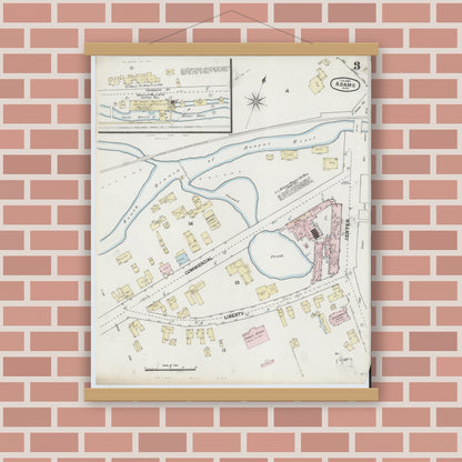 Old map wall art mockup — magnetic wood frame on brick wall — Sanborn Fire Insurance Map from Adams, Berkshire County, Massachusetts (1889), Sheet #0003