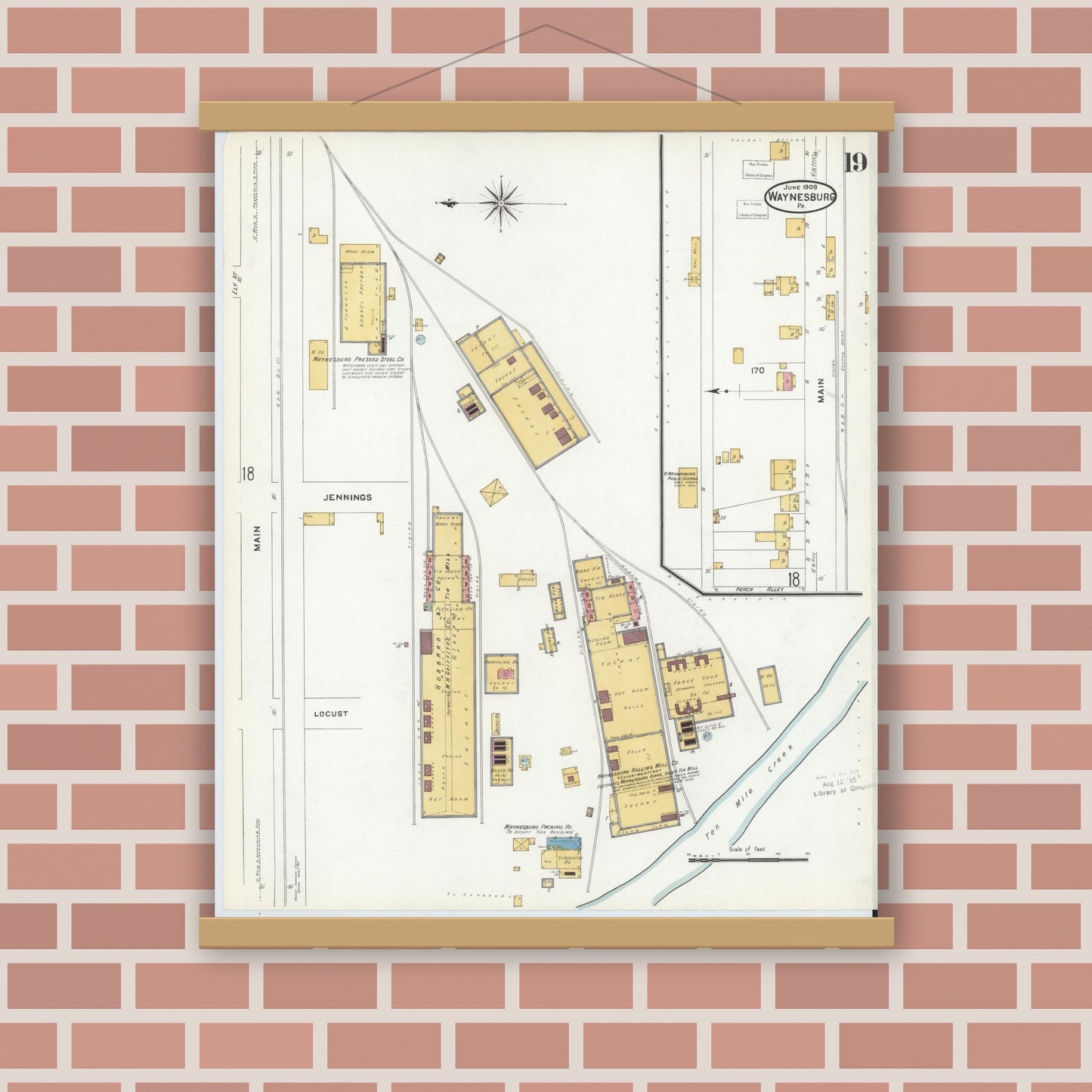 Old map wall art mockup — magnetic wood frame on brick wall — Sanborn Fire Insurance Map from Waynesburg, Greene County, Pennsylvania (1908), Sheet #0019