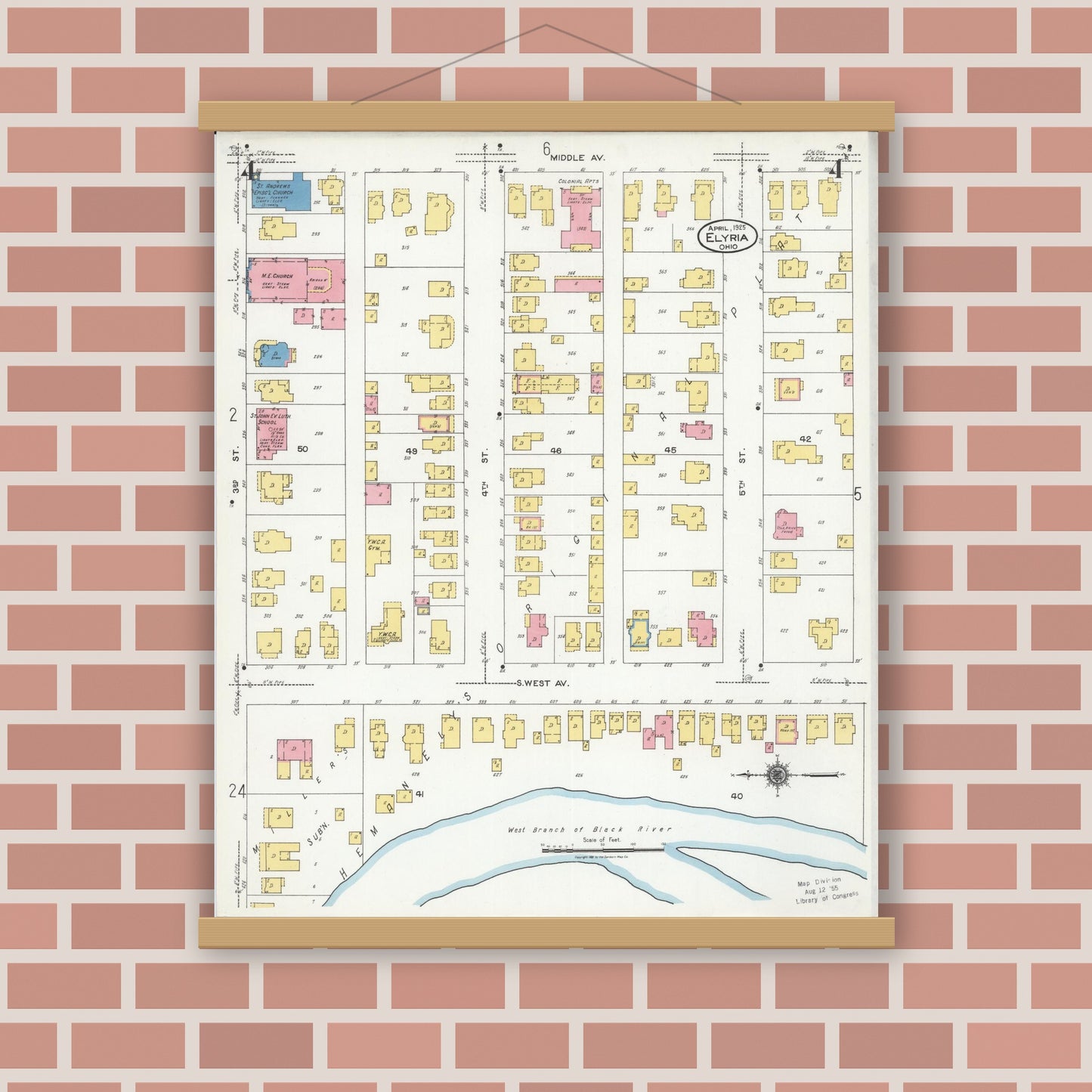 Old map wall art mockup — magnetic wood frame on brick wall — Sanborn Fire Insurance Map from Elyria, Lorain County, Ohio (1925), Sheet #0004
