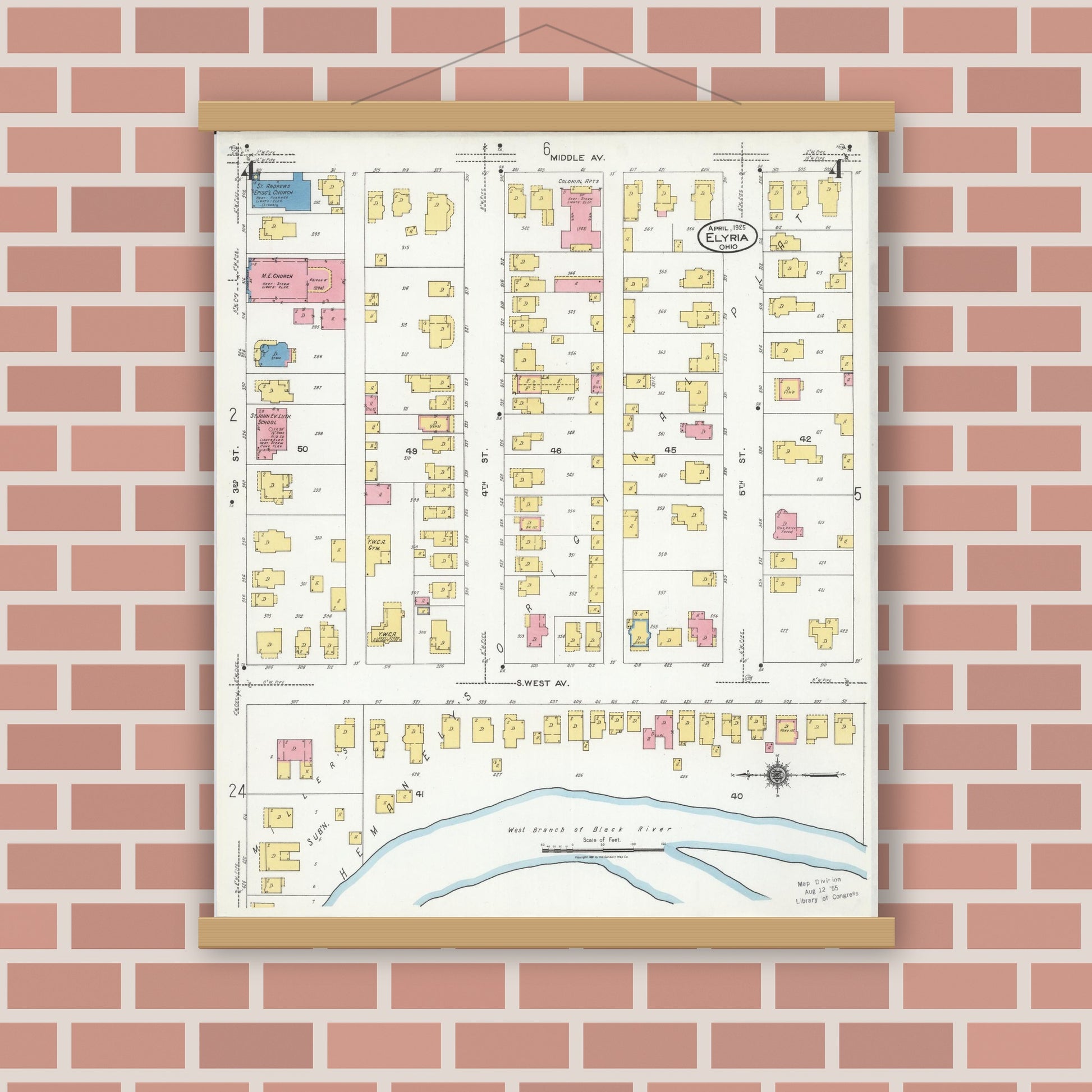 Old map wall art mockup — magnetic wood frame on brick wall — Sanborn Fire Insurance Map from Elyria, Lorain County, Ohio (1925), Sheet #0004