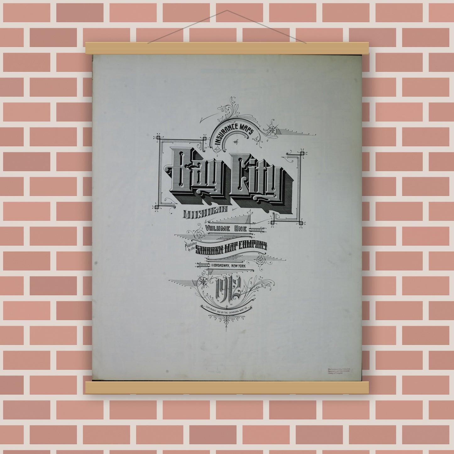 Old map wall art mockup — magnetic wood frame on brick wall — Sanborn Fire Insurance Map from Bay City, Bay County, Michigan (1912), Sheet #0001
