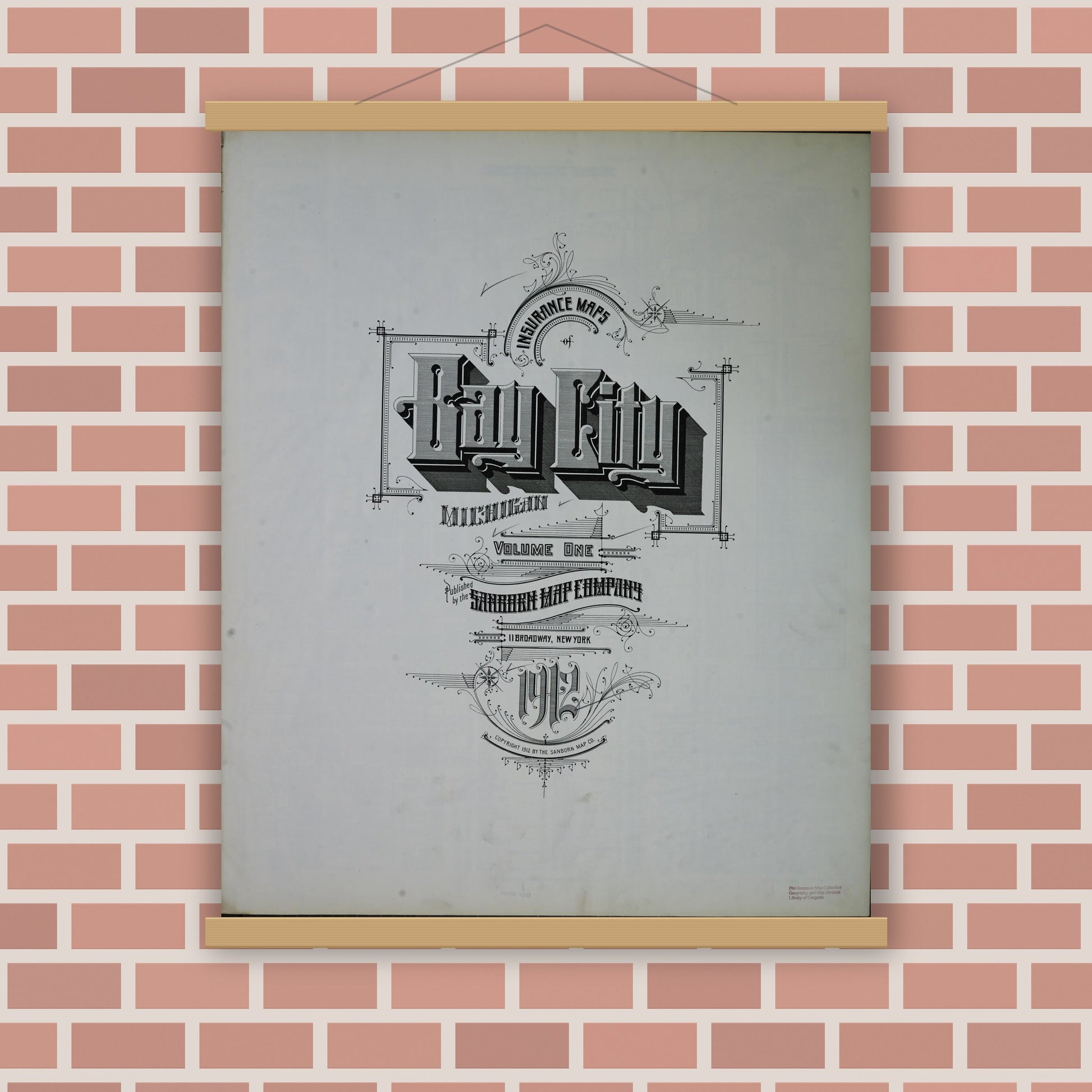Old map wall art mockup — magnetic wood frame on brick wall — Sanborn Fire Insurance Map from Bay City, Bay County, Michigan (1912), Sheet #0001