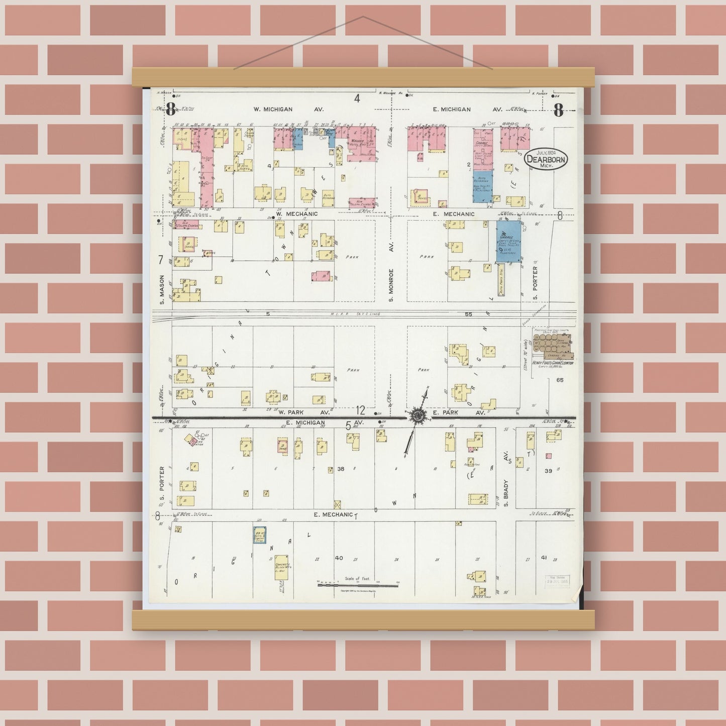 Old map wall art mockup — magnetic wood frame on brick wall — Sanborn Fire Insurance Map from Dearborn, Wayne County, Michigan (1924), Sheet #0008