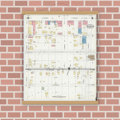 Old map wall art mockup — magnetic wood frame on brick wall — Sanborn Fire Insurance Map from Dearborn, Wayne County, Michigan (1924), Sheet #0008