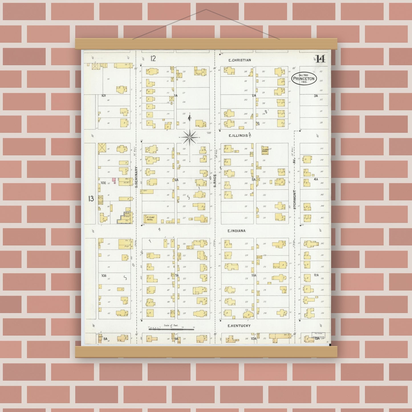 Old map wall art mockup — magnetic wood frame on brick wall — Sanborn Fire Insurance Map from Princeton, Gibson County, Indiana (1900), Sheet #0014