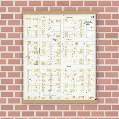 Old map wall art mockup — magnetic wood frame on brick wall — Sanborn Fire Insurance Map from Princeton, Gibson County, Indiana (1900), Sheet #0014