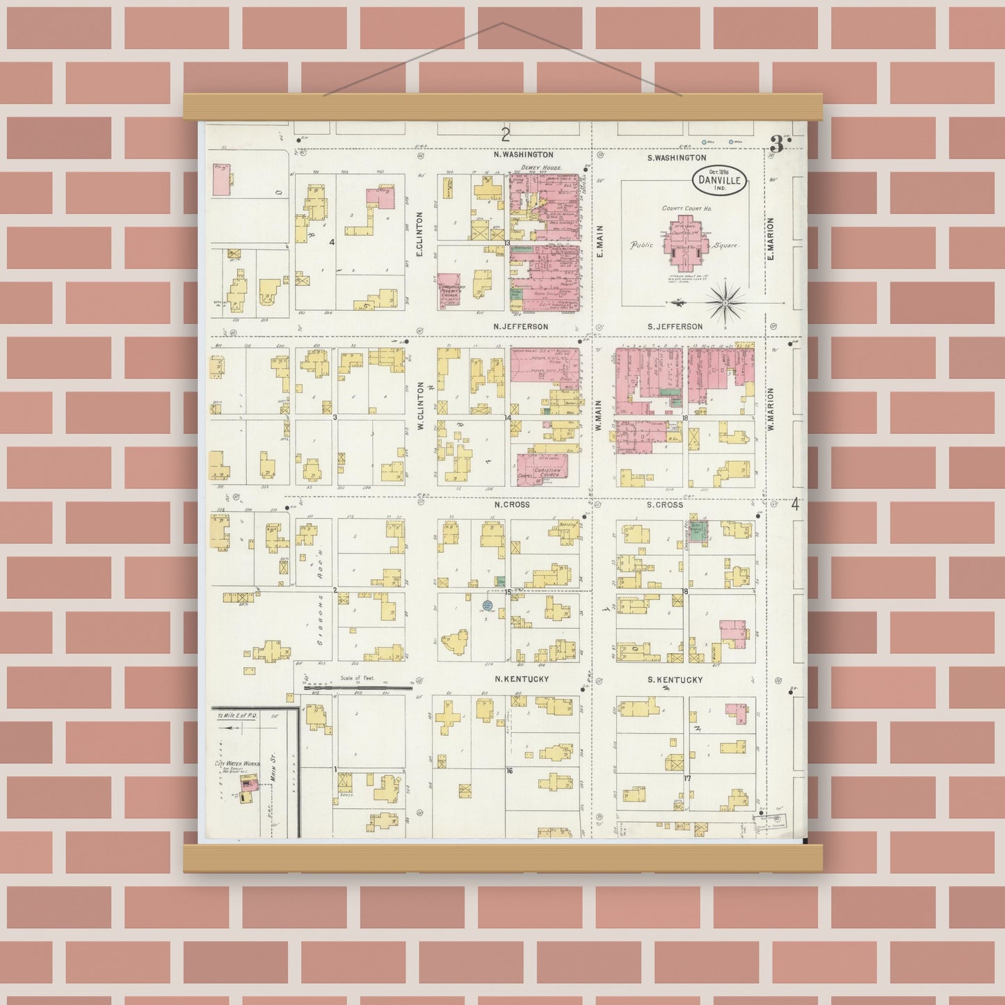 Old map wall art mockup — magnetic wood frame on brick wall — Sanborn Fire Insurance Map from Danville, Hendricks County, Indiana (1898), Sheet #0003