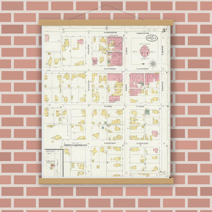 Old map wall art mockup — magnetic wood frame on brick wall — Sanborn Fire Insurance Map from Danville, Hendricks County, Indiana (1898), Sheet #0003