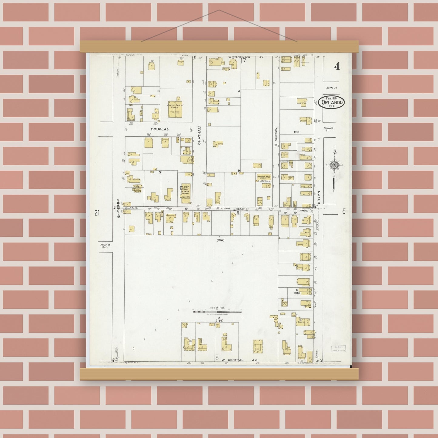 Old map wall art mockup — magnetic wood frame on brick wall — Sanborn Fire Insurance Map from Orlando, Orange County, Florida (1919), Sheet #0004