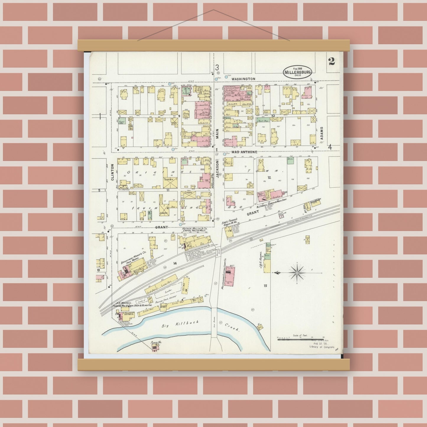 Old map wall art mockup — magnetic wood frame on brick wall — Sanborn Fire Insurance Map from Millersburg, Holmes County, Ohio (1898), Sheet #0002