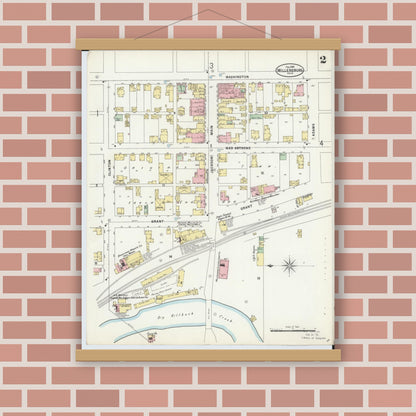 Old map wall art mockup — magnetic wood frame on brick wall — Sanborn Fire Insurance Map from Millersburg, Holmes County, Ohio (1898), Sheet #0002