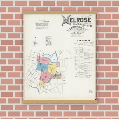 Old map wall art mockup — magnetic wood frame on brick wall — Sanborn Fire Insurance Map from Melrose, Middlesex County, Massachusetts (1892) - Complete Map Set