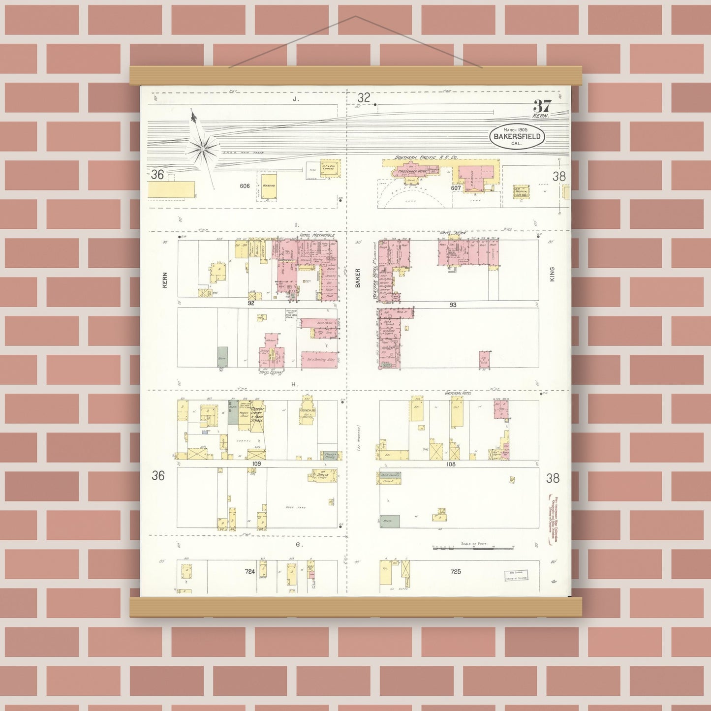 Old map wall art mockup — magnetic wood frame on brick wall — Sanborn Fire Insurance Map from Bakersfield, Kern County, California (1905), Sheet #0037