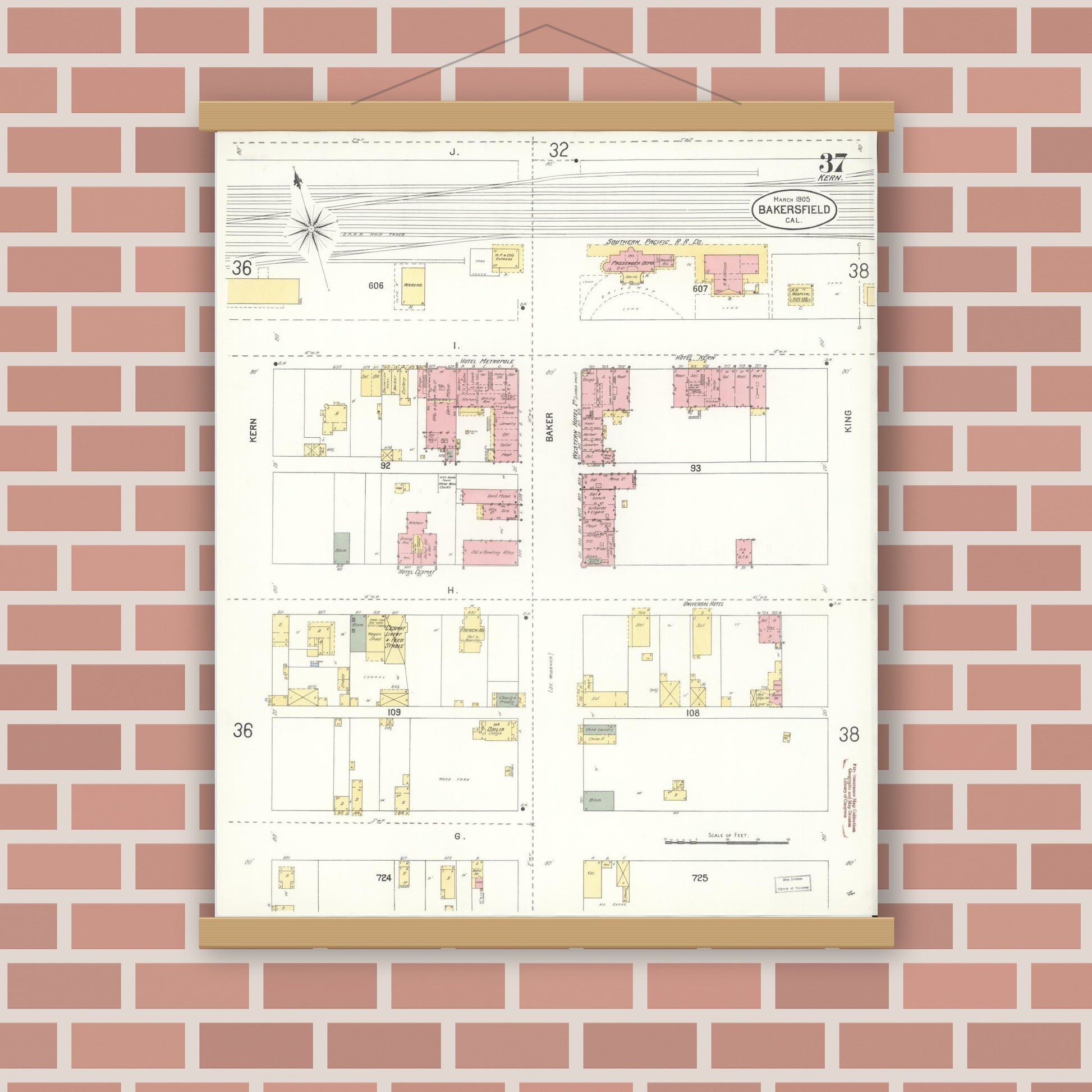 Old map wall art mockup — magnetic wood frame on brick wall — Sanborn Fire Insurance Map from Bakersfield, Kern County, California (1905), Sheet #0037