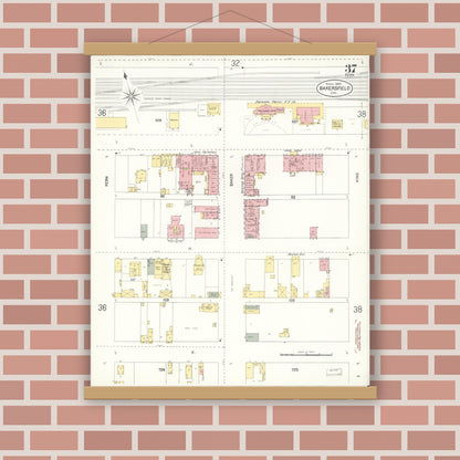 Old map wall art mockup — magnetic wood frame on brick wall — Sanborn Fire Insurance Map from Bakersfield, Kern County, California (1905), Sheet #0037