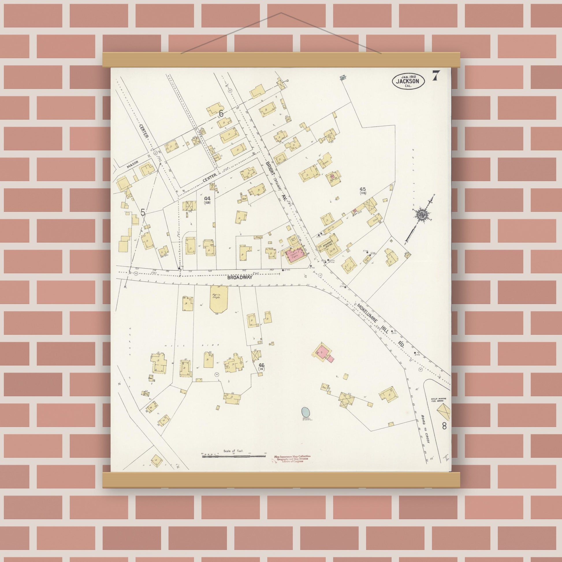 Old map wall art mockup — magnetic wood frame on brick wall — Sanborn Fire Insurance Map from Jackson, Amador County, California (1912), Sheet #0007