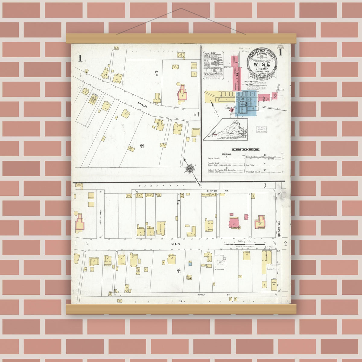 Old map wall art mockup — magnetic wood frame on brick wall — Sanborn Fire Insurance Map from Wise, Wise County, Virginia (1923) - Complete Map Set