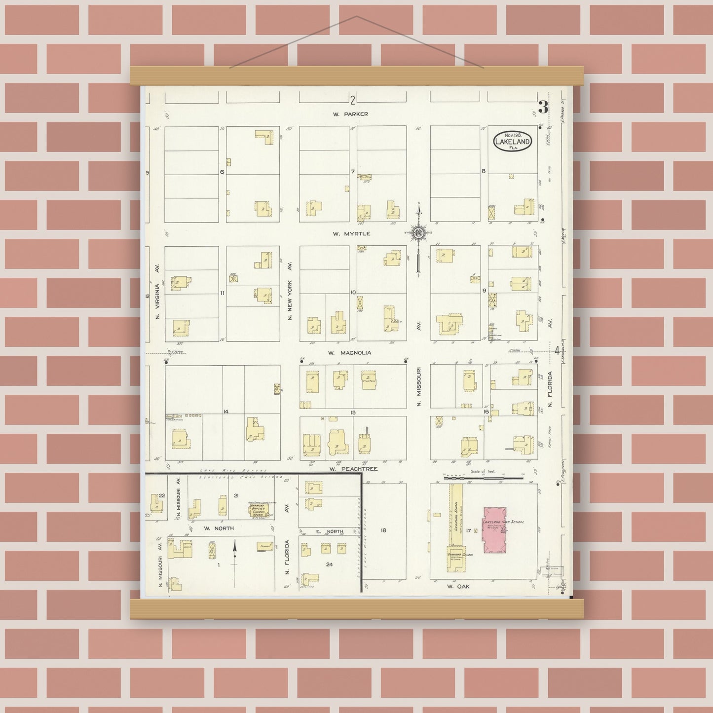 Old map wall art mockup — magnetic wood frame on brick wall — Sanborn Fire Insurance Map from Lakeland, Polk County, Florida (1913), Sheet #0003
