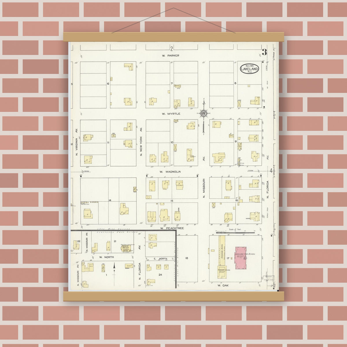 Old map wall art mockup — magnetic wood frame on brick wall — Sanborn Fire Insurance Map from Lakeland, Polk County, Florida (1913), Sheet #0003