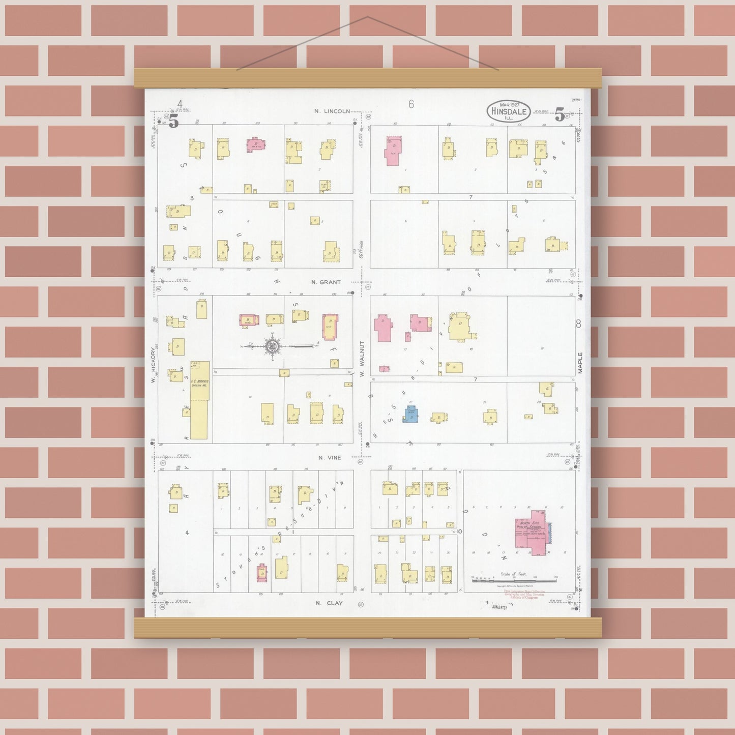 Old map wall art mockup — magnetic wood frame on brick wall — Sanborn Fire Insurance Map from Hinsdale, Du Page And Cook Counties, Illinois (1927), Sheet #0005