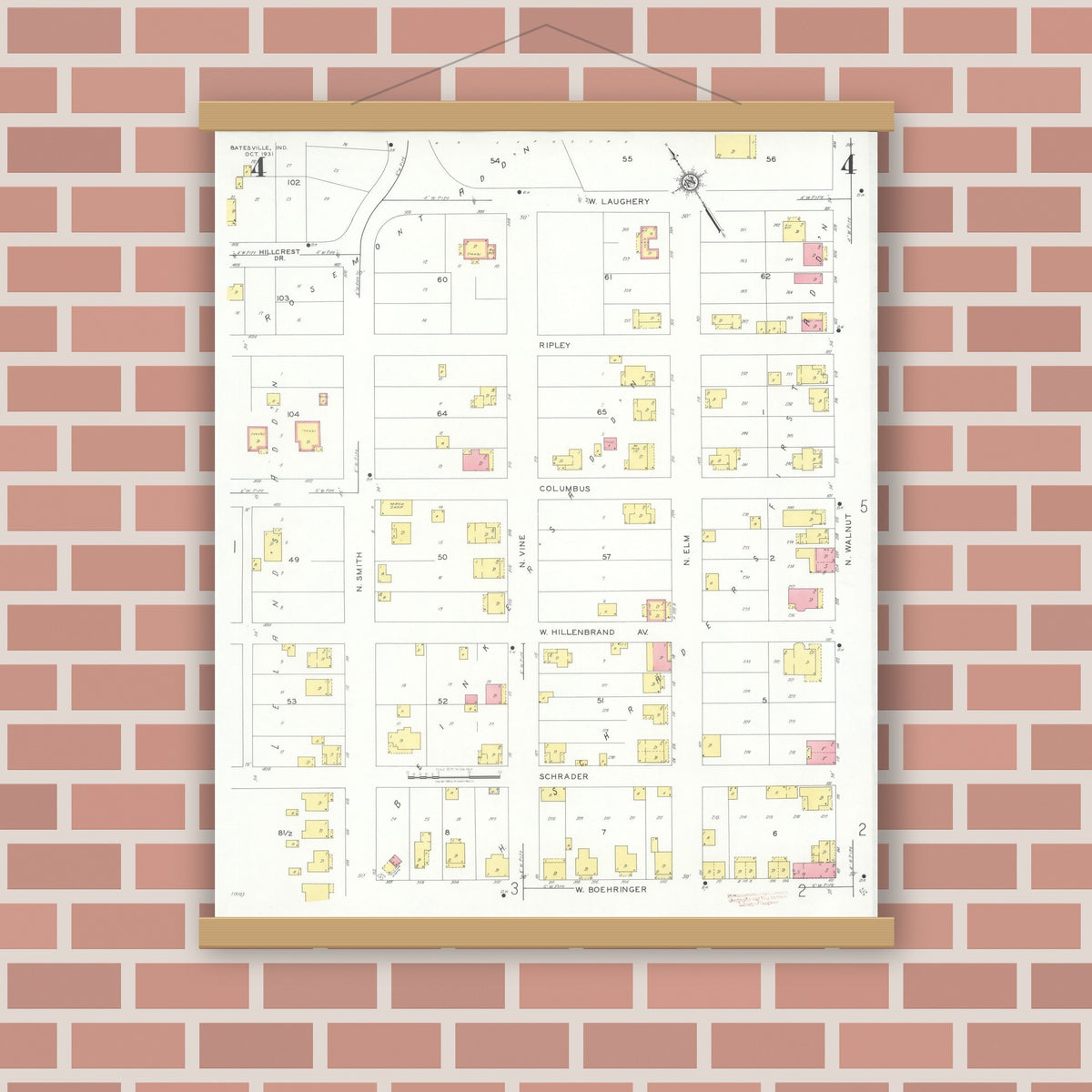Old map wall art mockup — magnetic wood frame on brick wall — Sanborn Fire Insurance Map from Batesville, Ripley County, Indiana (1931), Sheet #0004
