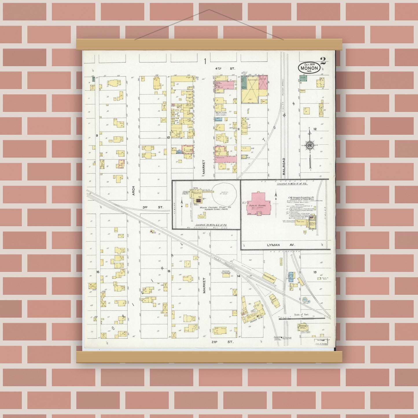 Old map wall art mockup — magnetic wood frame on brick wall — Sanborn Fire Insurance Map from Monon, White County, Indiana (1909), Sheet #0002