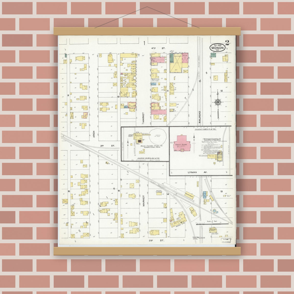 Old map wall art mockup — magnetic wood frame on brick wall — Sanborn Fire Insurance Map from Monon, White County, Indiana (1909), Sheet #0002
