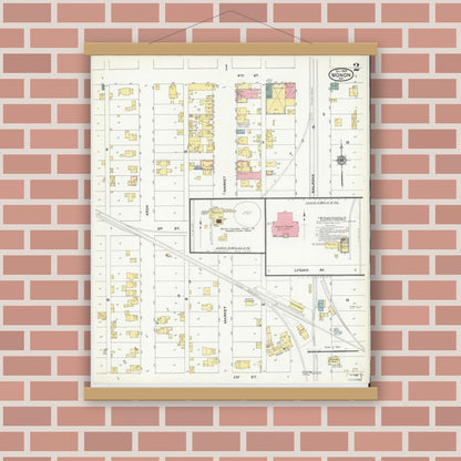 Old map wall art mockup — magnetic wood frame on brick wall — Sanborn Fire Insurance Map from Monon, White County, Indiana (1909), Sheet #0002