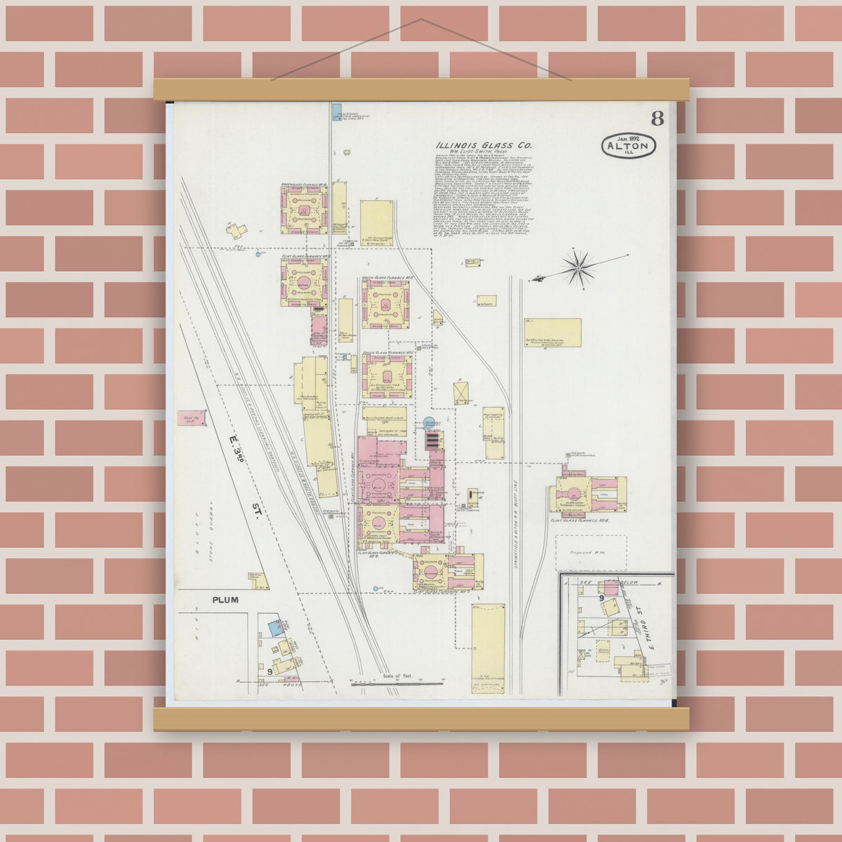 Old map wall art mockup — magnetic wood frame on brick wall — Sanborn Fire Insurance Map from Alton, Madison County, Illinois (1892), Sheet #0008