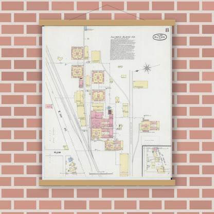 Old map wall art mockup — magnetic wood frame on brick wall — Sanborn Fire Insurance Map from Alton, Madison County, Illinois (1892), Sheet #0008