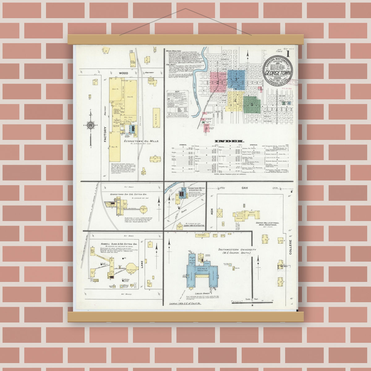 Old map wall art mockup — magnetic wood frame on brick wall — Sanborn Fire Insurance Map from Georgetown, Williamson County, Texas (1910), Sheet #0001