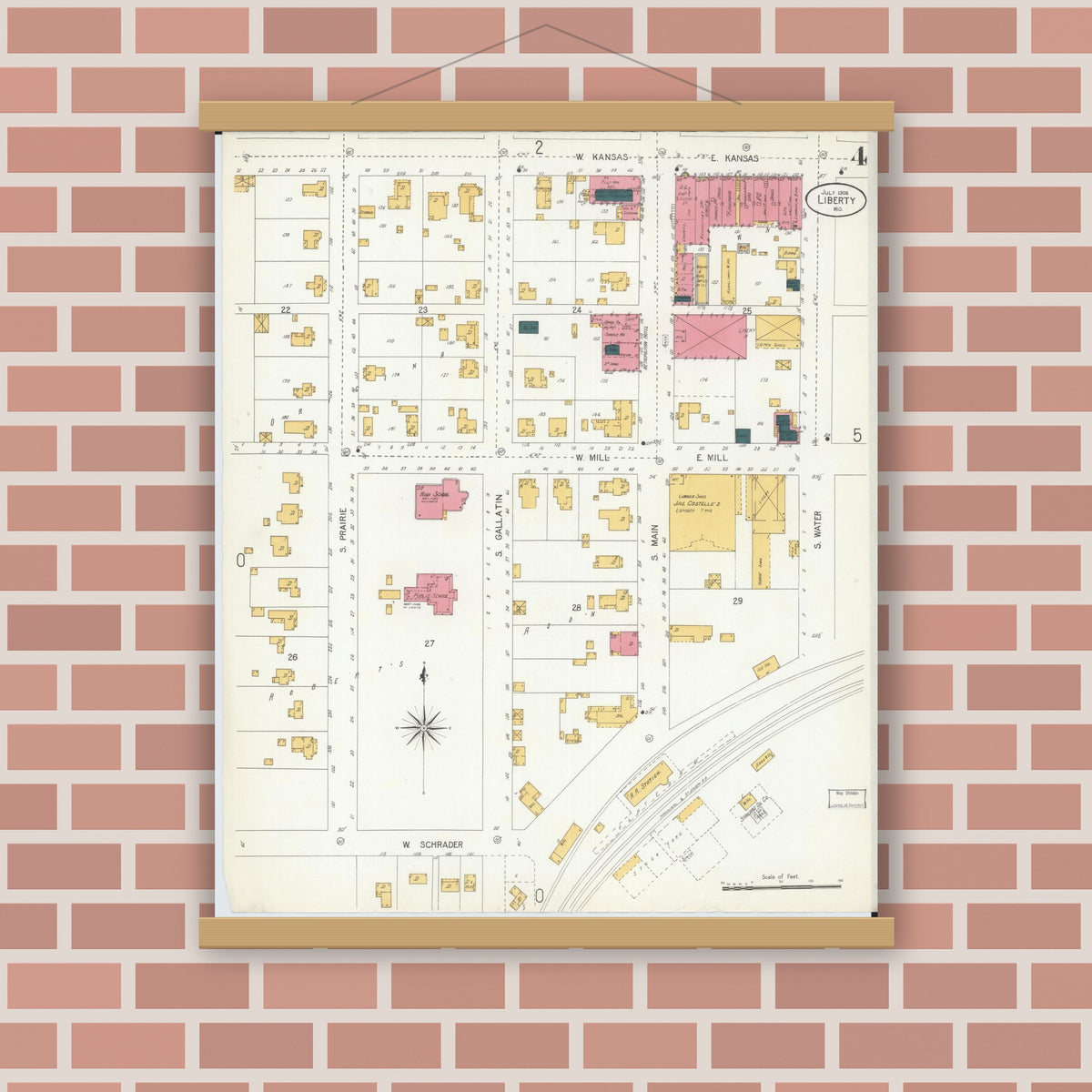 Old map wall art mockup — magnetic wood frame on brick wall — Sanborn Fire Insurance Map from Liberty, Clay County, Missouri (1906), Sheet #0004