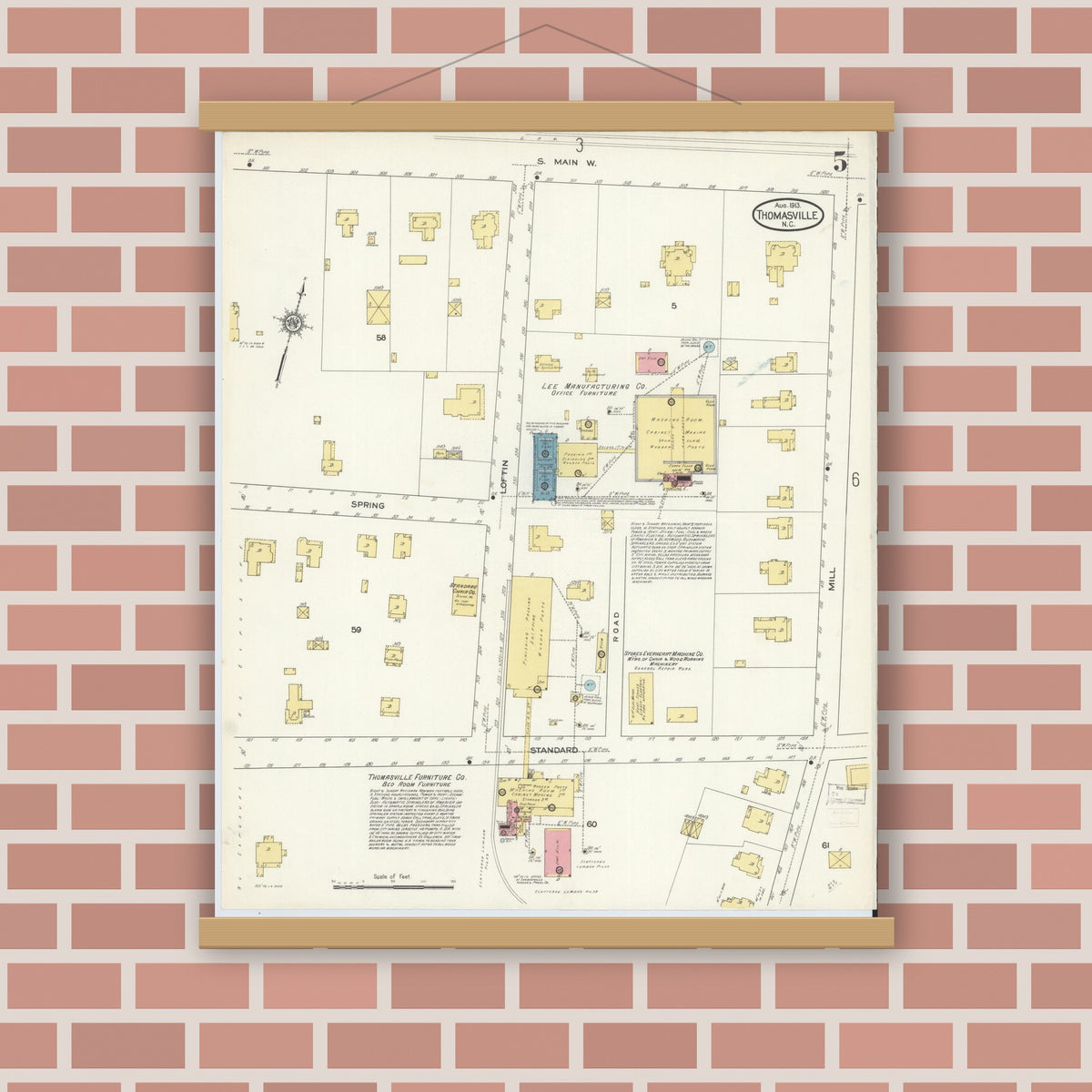 Old map wall art mockup — magnetic wood frame on brick wall — Sanborn Fire Insurance Map from Thomasville, Davidson County, North Carolina (1913), Sheet #0005