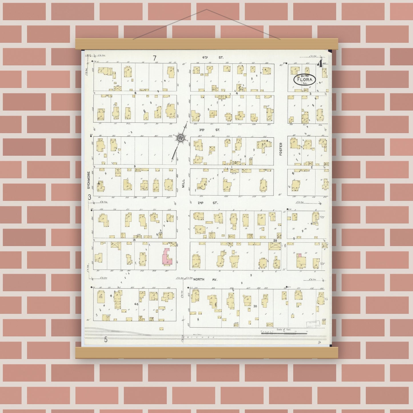 Old map wall art mockup — magnetic wood frame on brick wall — Sanborn Fire Insurance Map from Flora, Clay County, Illinois (1912), Sheet #0004