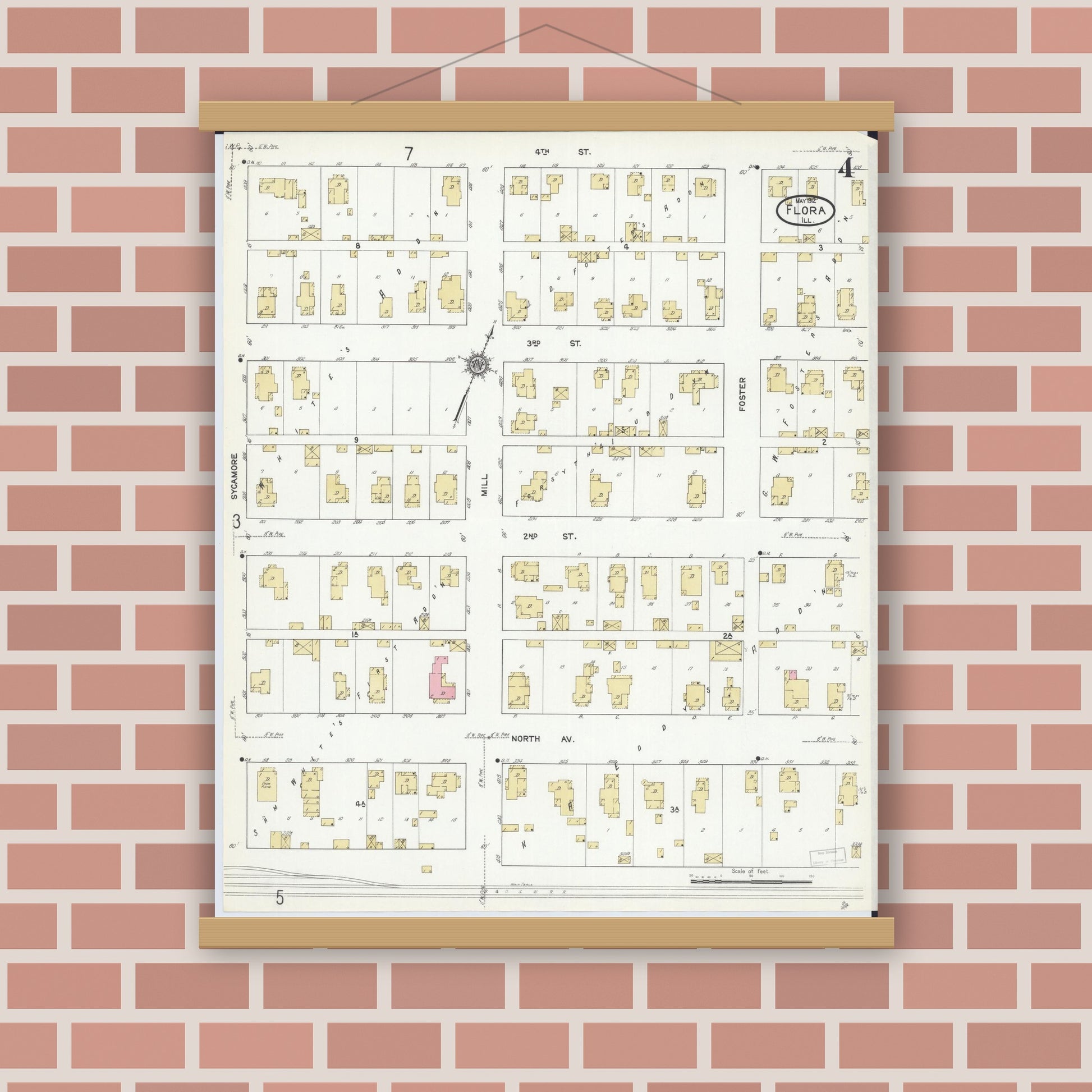 Old map wall art mockup — magnetic wood frame on brick wall — Sanborn Fire Insurance Map from Flora, Clay County, Illinois (1912), Sheet #0004