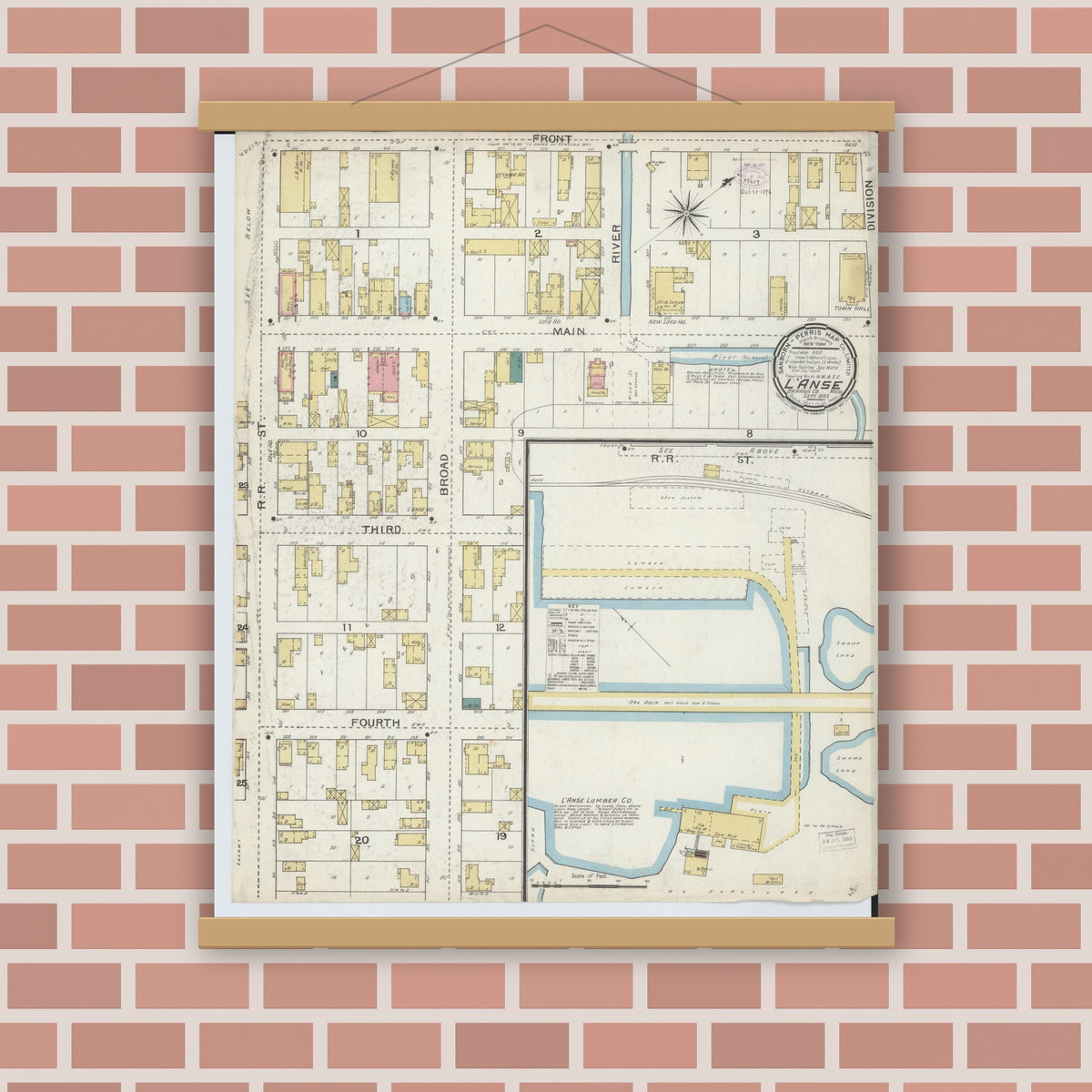 Old map wall art mockup — magnetic wood frame on brick wall — Sanborn Fire Insurance Map from L'Anse, Baraga County, Michigan (1893), Sheet #0001