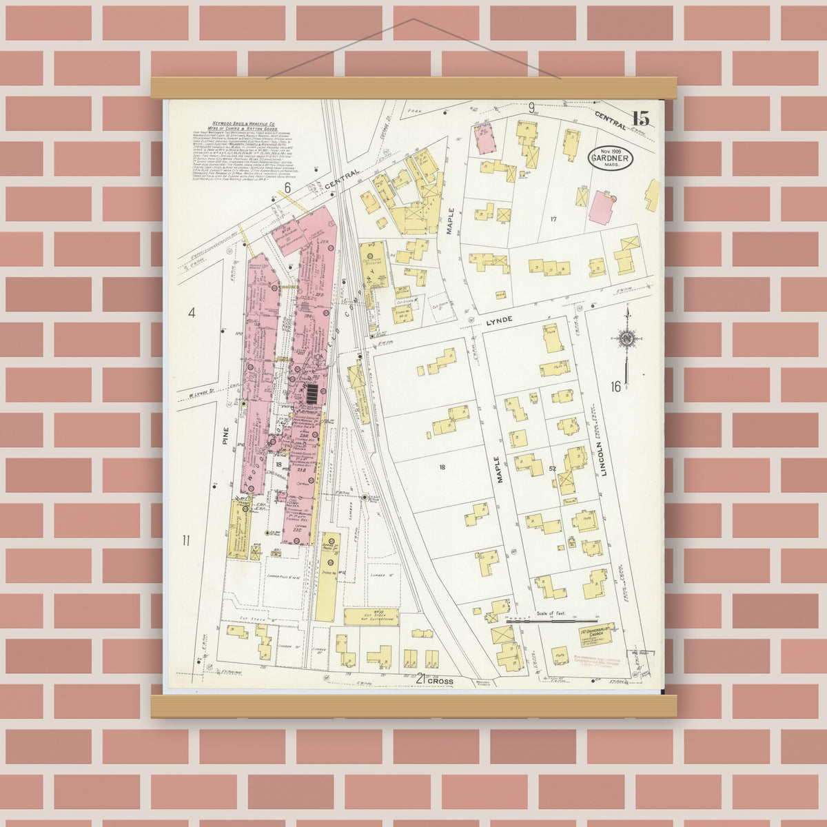 Old map wall art mockup — magnetic wood frame on brick wall — Sanborn Fire Insurance Map from Gardner, Worcester County, Massachusetts (1909), Sheet #0015