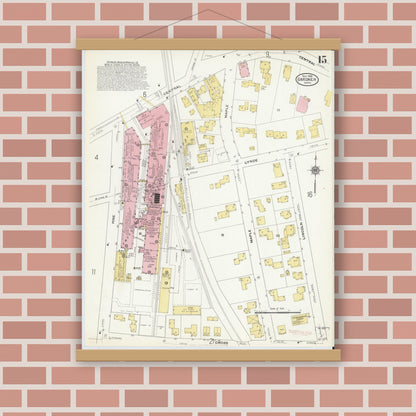 Old map wall art mockup — magnetic wood frame on brick wall — Sanborn Fire Insurance Map from Gardner, Worcester County, Massachusetts (1909), Sheet #0015