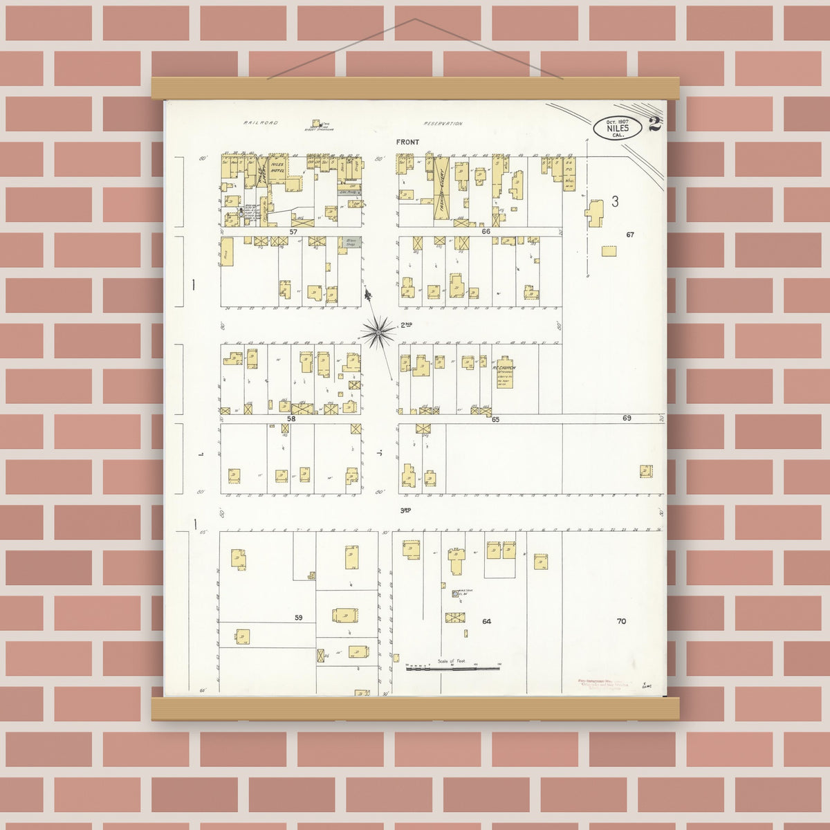 Old map wall art mockup — magnetic wood frame on brick wall — Sanborn Fire Insurance Map from Niles, Alameda County, California (1907), Sheet #0002