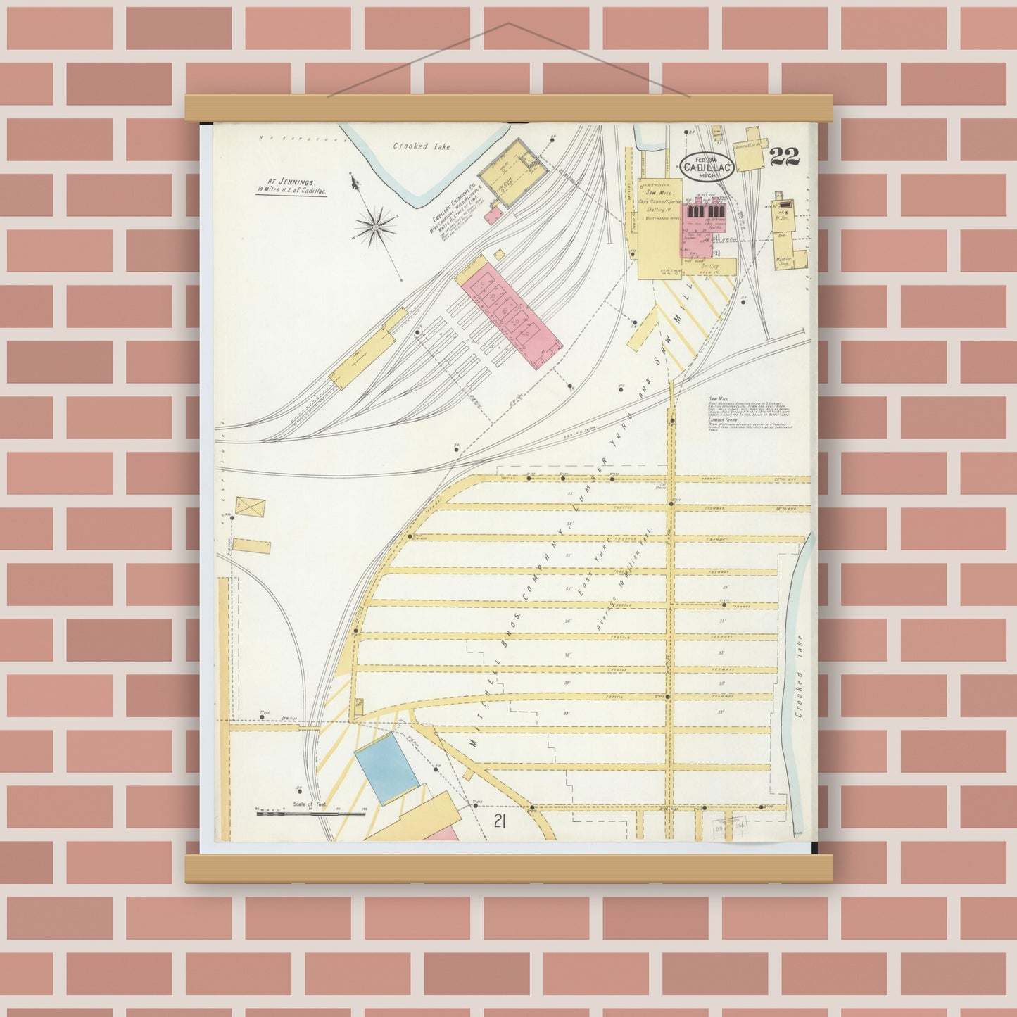 Old map wall art mockup — magnetic wood frame on brick wall — Sanborn Fire Insurance Map from Cadillac, Wexford County, Michigan (1906), Sheet #0022