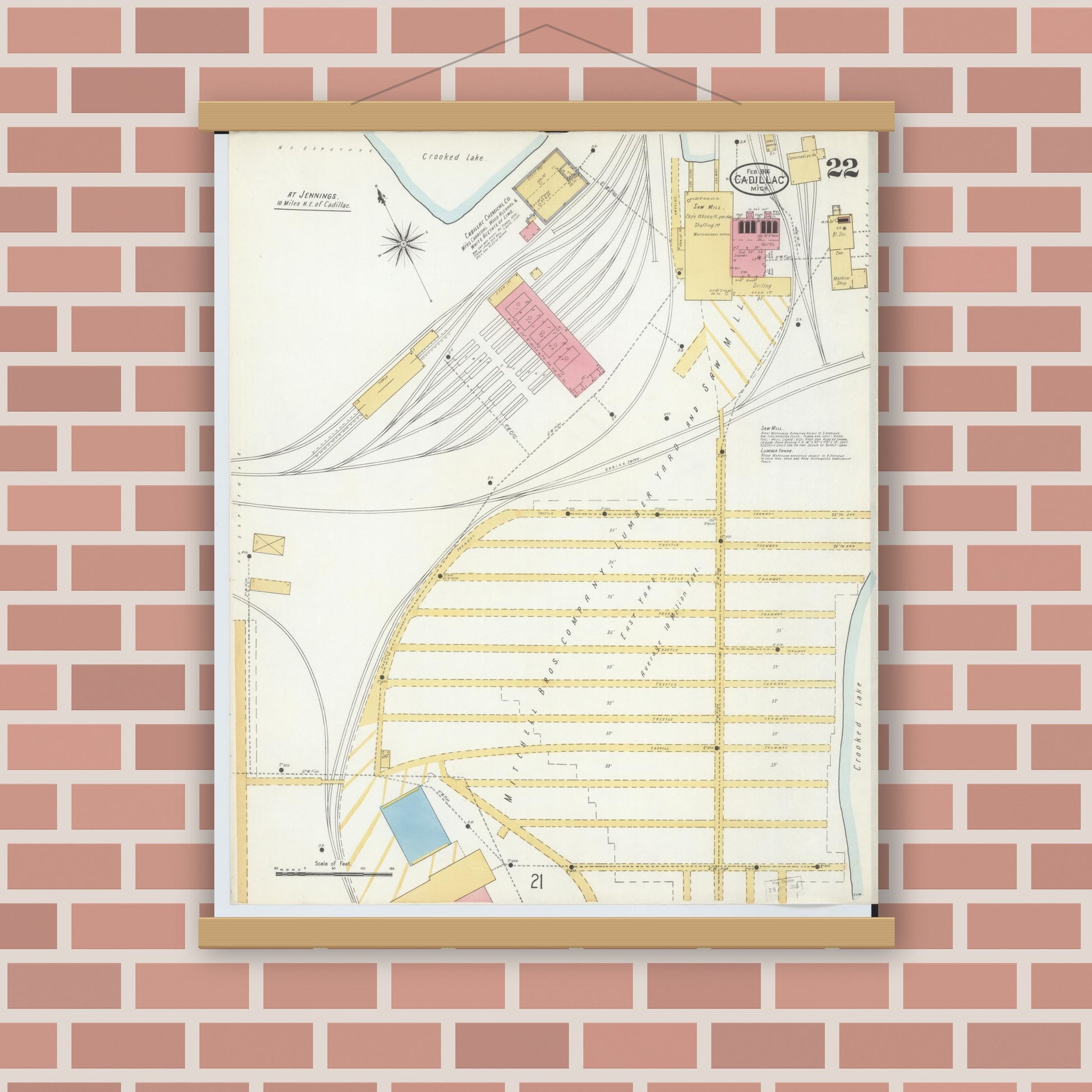 Old map wall art mockup — magnetic wood frame on brick wall — Sanborn Fire Insurance Map from Cadillac, Wexford County, Michigan (1906), Sheet #0022