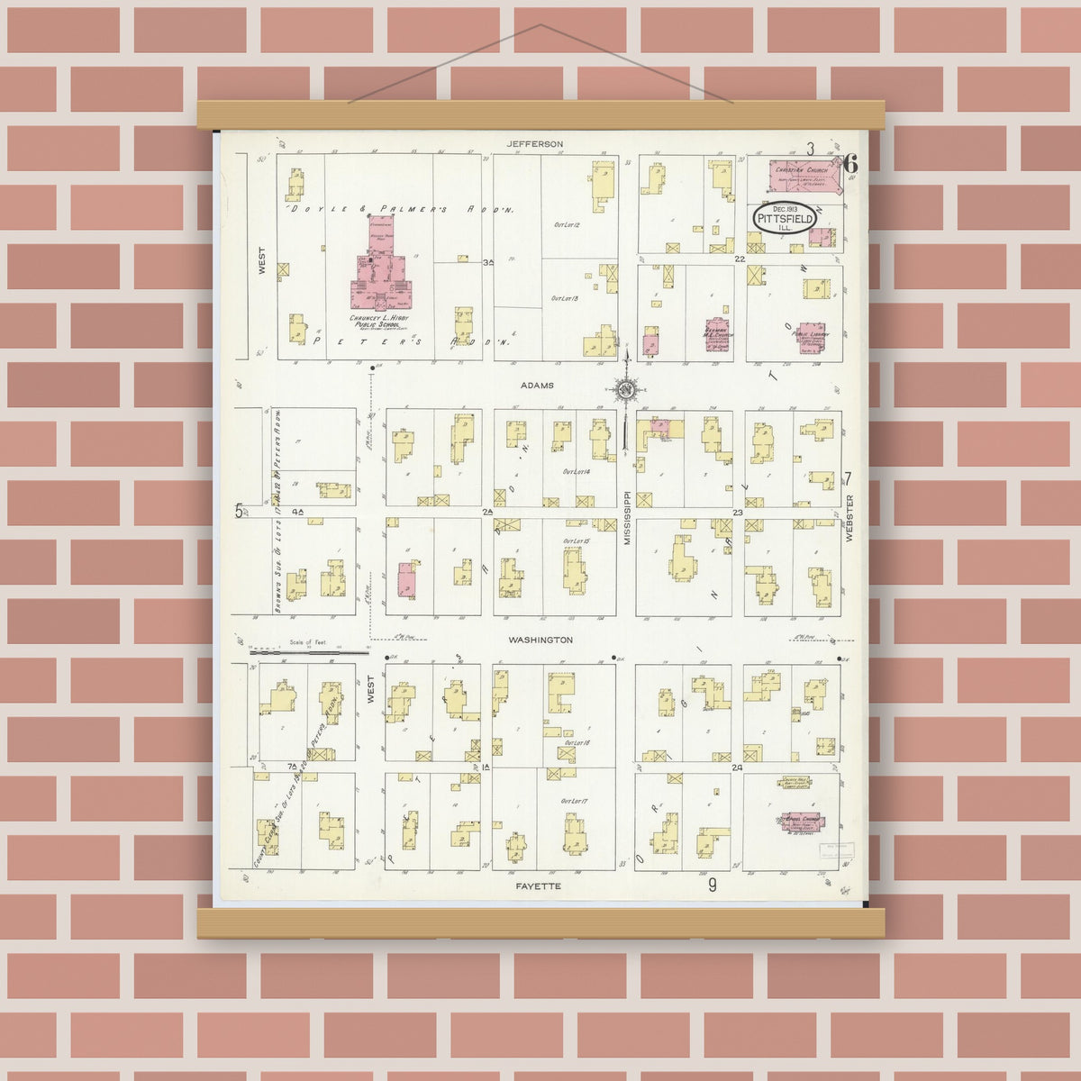 Old map wall art mockup — magnetic wood frame on brick wall — Sanborn Fire Insurance Map from Pittsfield, Pike County, Illinois (1913), Sheet #0006