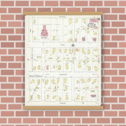 Old map wall art mockup — magnetic wood frame on brick wall — Sanborn Fire Insurance Map from Pittsfield, Pike County, Illinois (1913), Sheet #0006