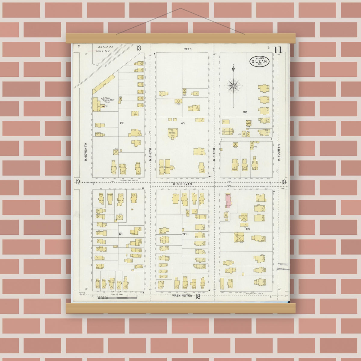 Old map wall art mockup — magnetic wood frame on brick wall — Sanborn Fire Insurance Map from Olean, Cattaraugus County, New York (1898), Sheet #0011