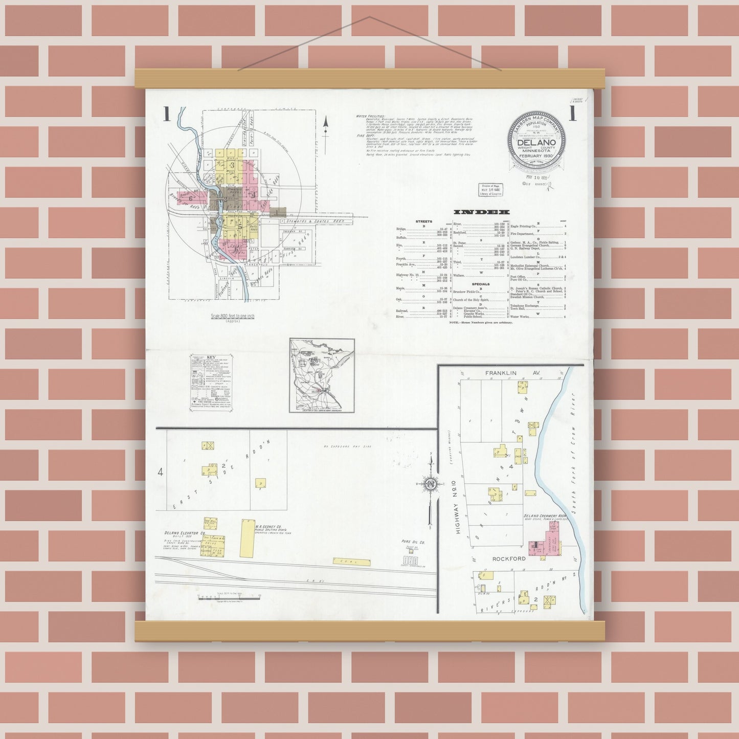 Old map wall art mockup — magnetic wood frame on brick wall — Sanborn Fire Insurance Map from Delano, Wright County, Minnesota (1930), Sheet #0001